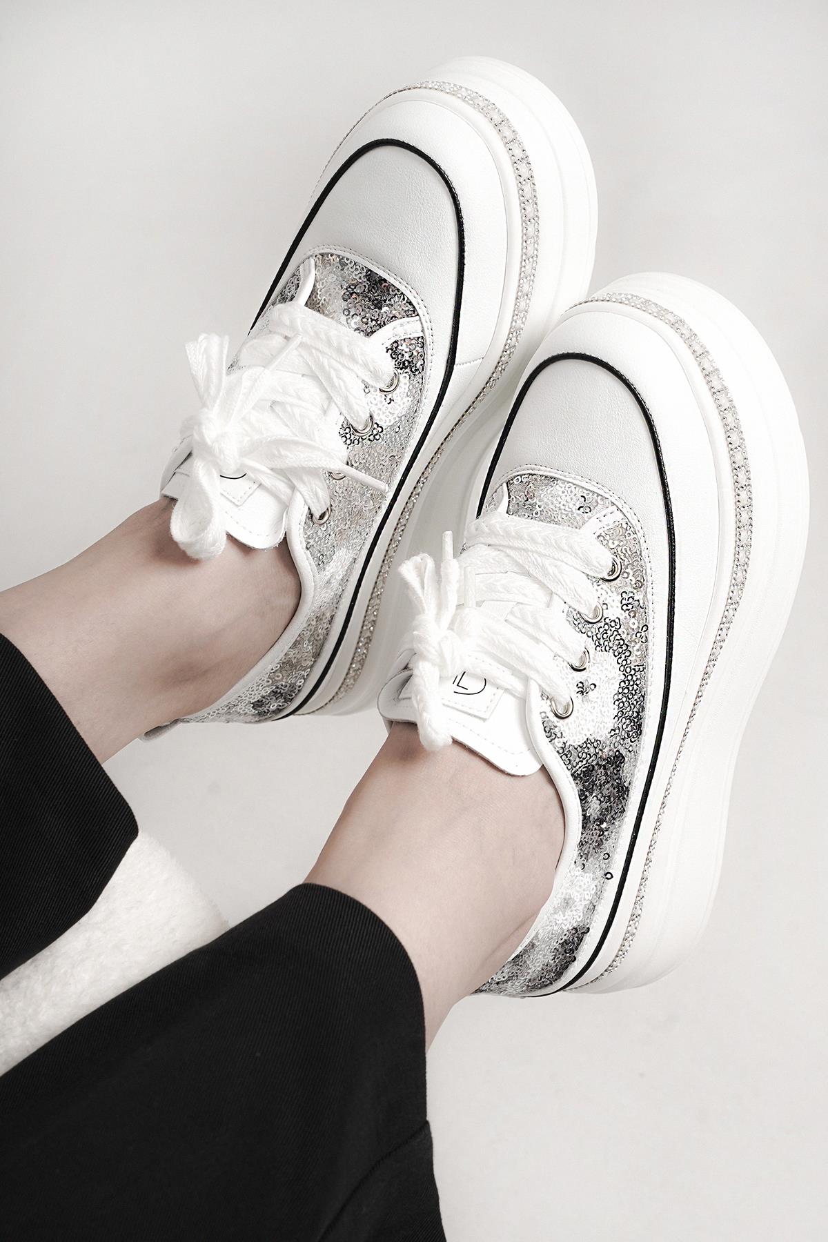 RİNA GUJA İTHAL ÖZEL SERİ TABAN TAŞ DETAYLI PULLU KADIN SPOR AYAKKABI GRİ