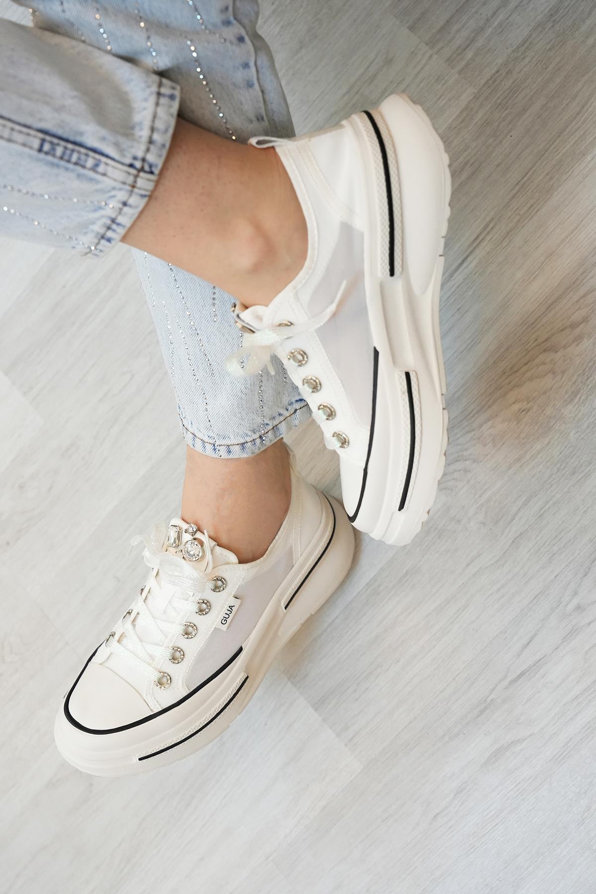 GİNA GUJA İTHAL ÖZEL SERİ TAŞ DETAYLI FİLELİ KADIN SPOR AYAKKABI BEYAZ