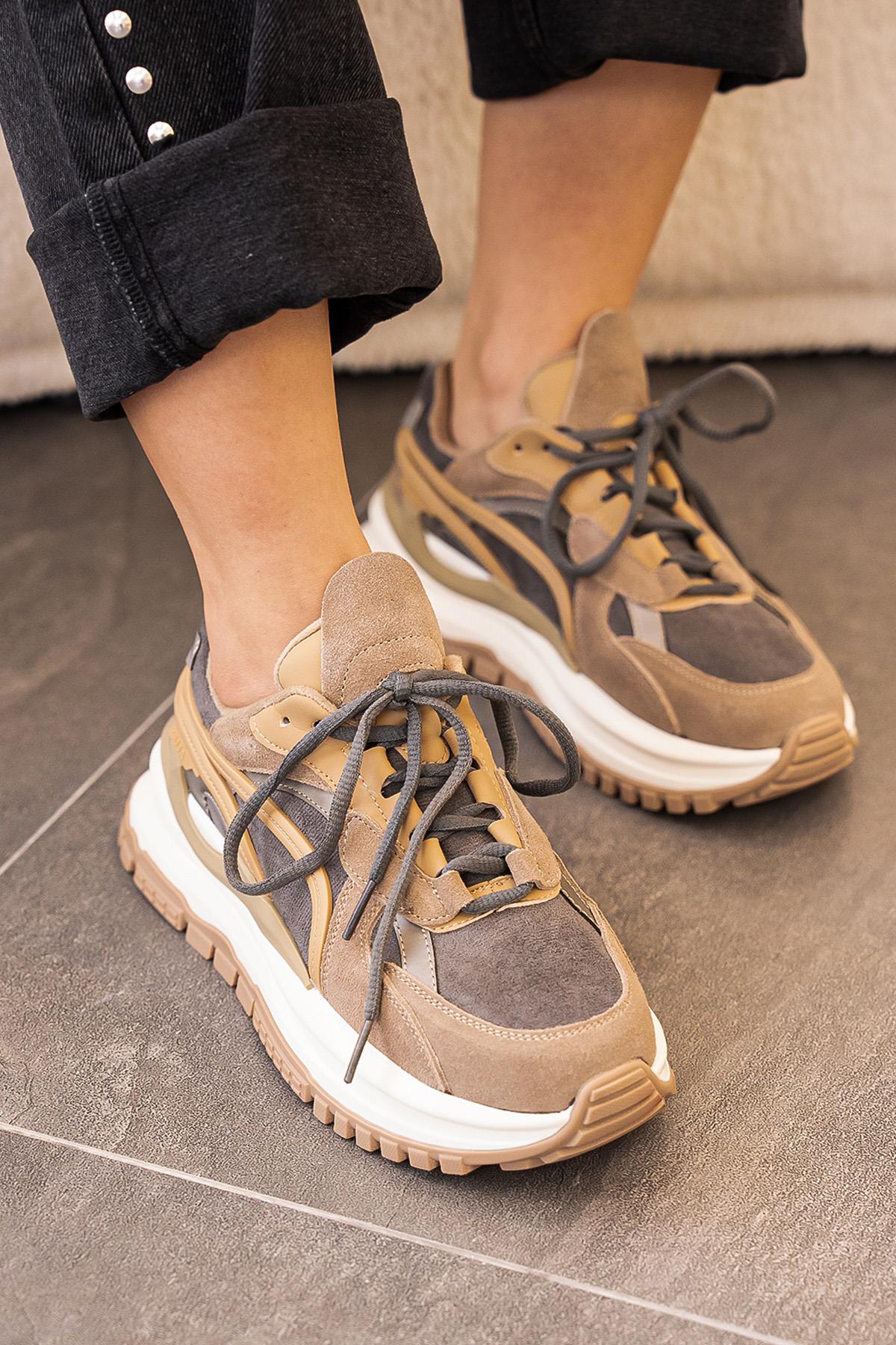 NONA ORİJİNAL GUJA İTHAL HAKİKİ DERİ KADIN SPOR AYAKKABI CAMEL