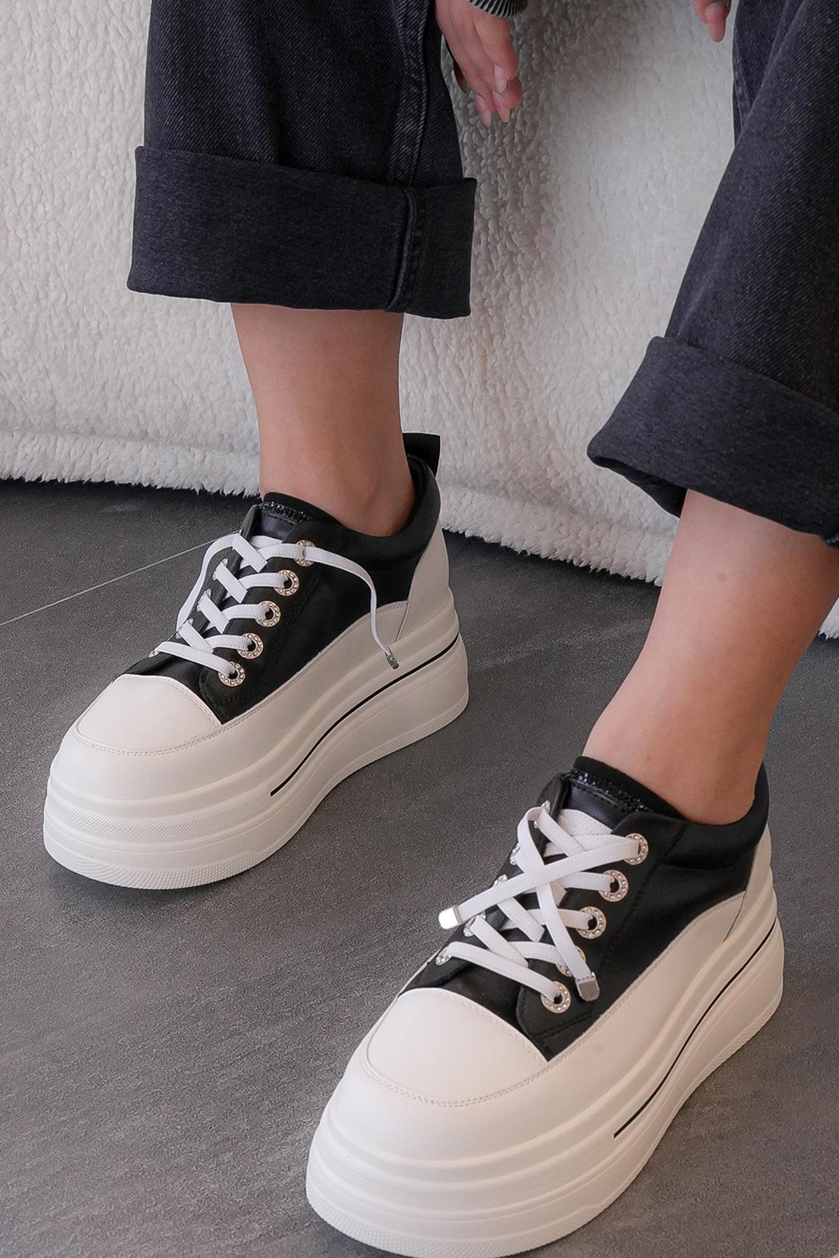 CİNDY GUJA İTHAL ÖZEL SERİ HAKİKİ DERİ KALIN TABAN KADIN SPOR AYAKKABI SİYAH