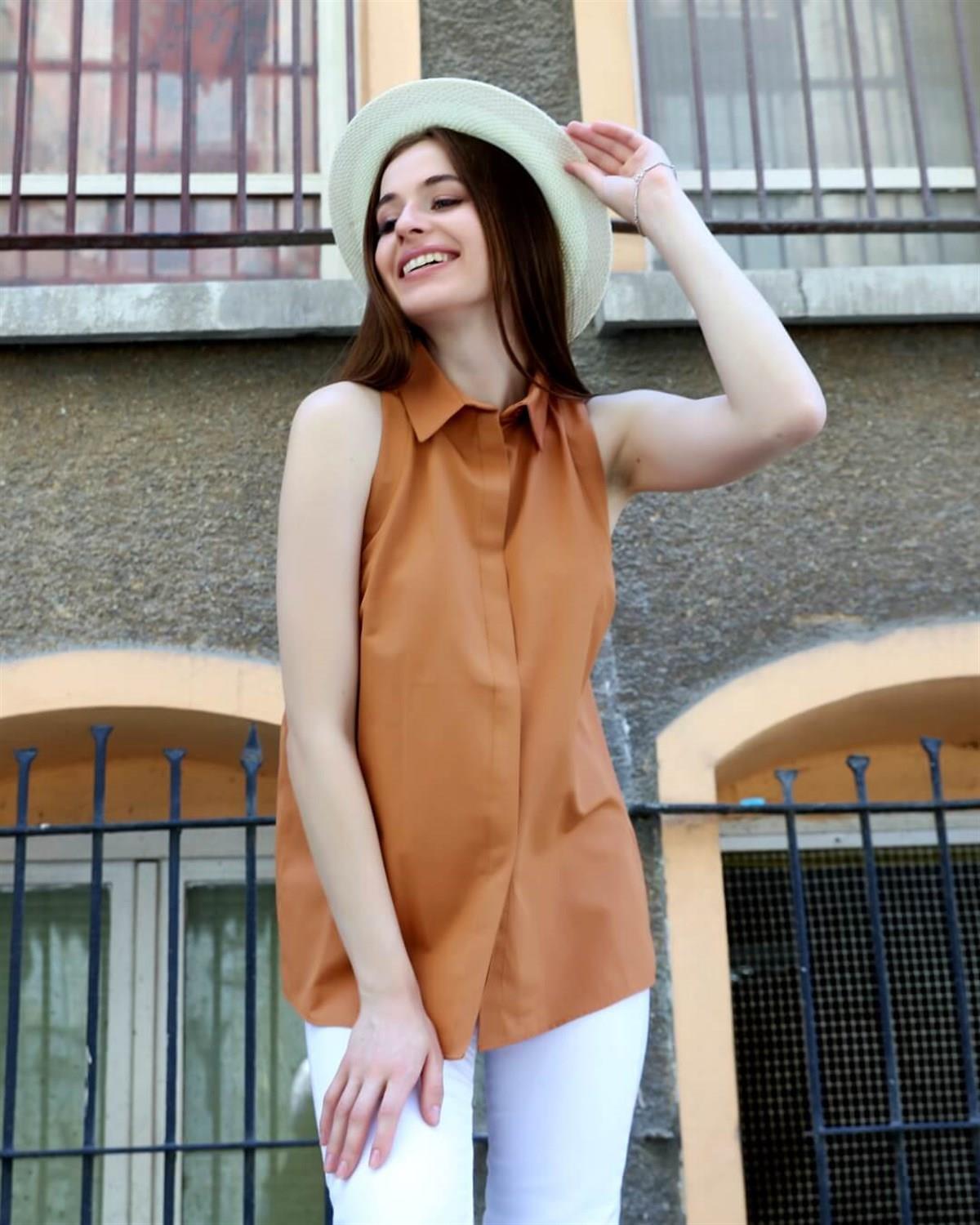 Kadın Turuncu Sıfır Kol Gömlek