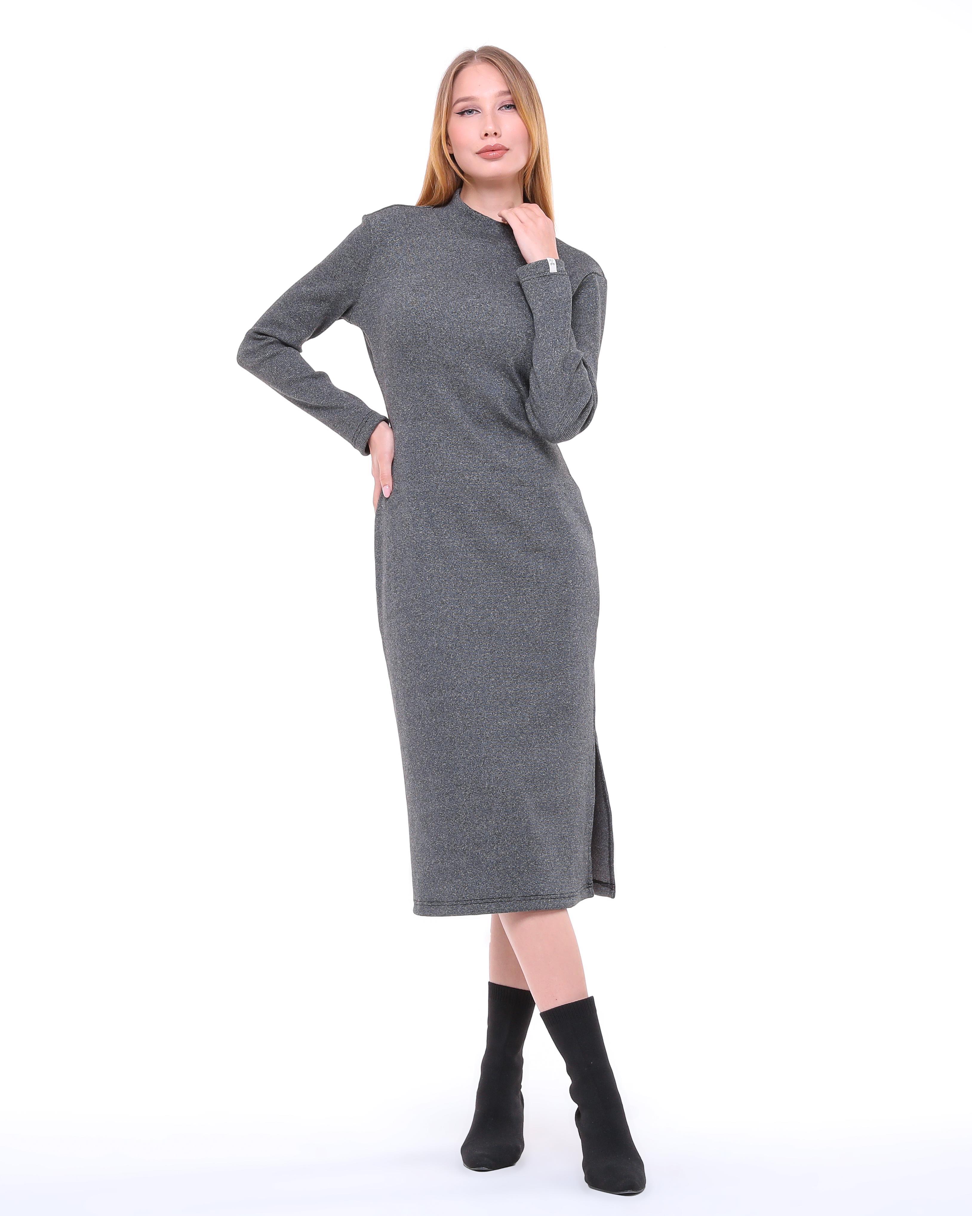 Antrasit Yırtmaçlı Midi Elbise