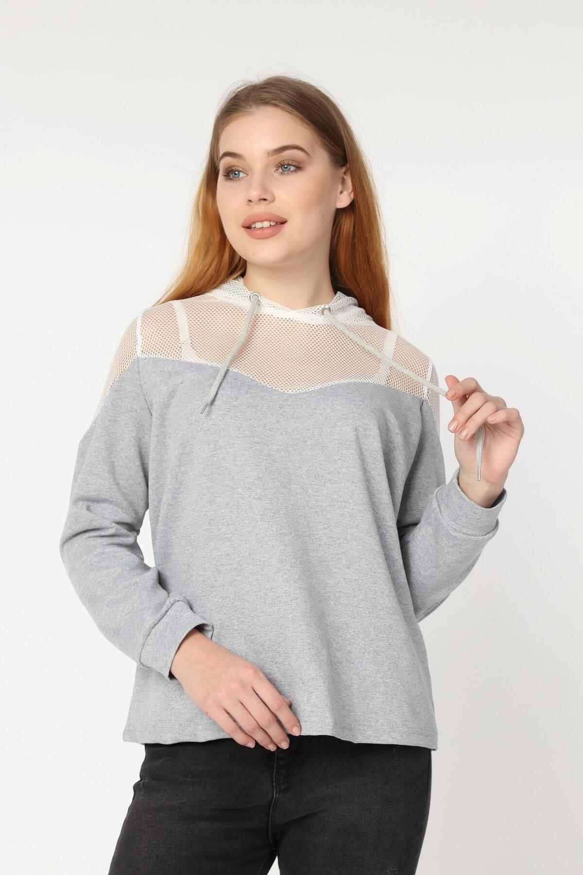 Gri Fileli Kapüşonlu Sweat