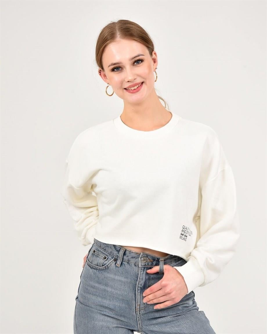 Kadın Ekru Renk Baskılı Sweatshirt