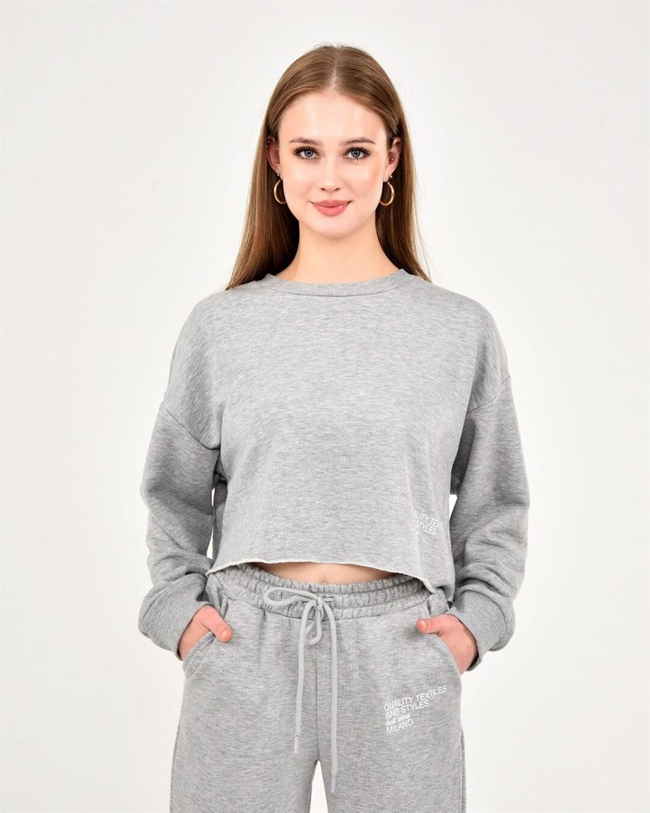 Kadın Gri Renk Baskılı Sweatshirt