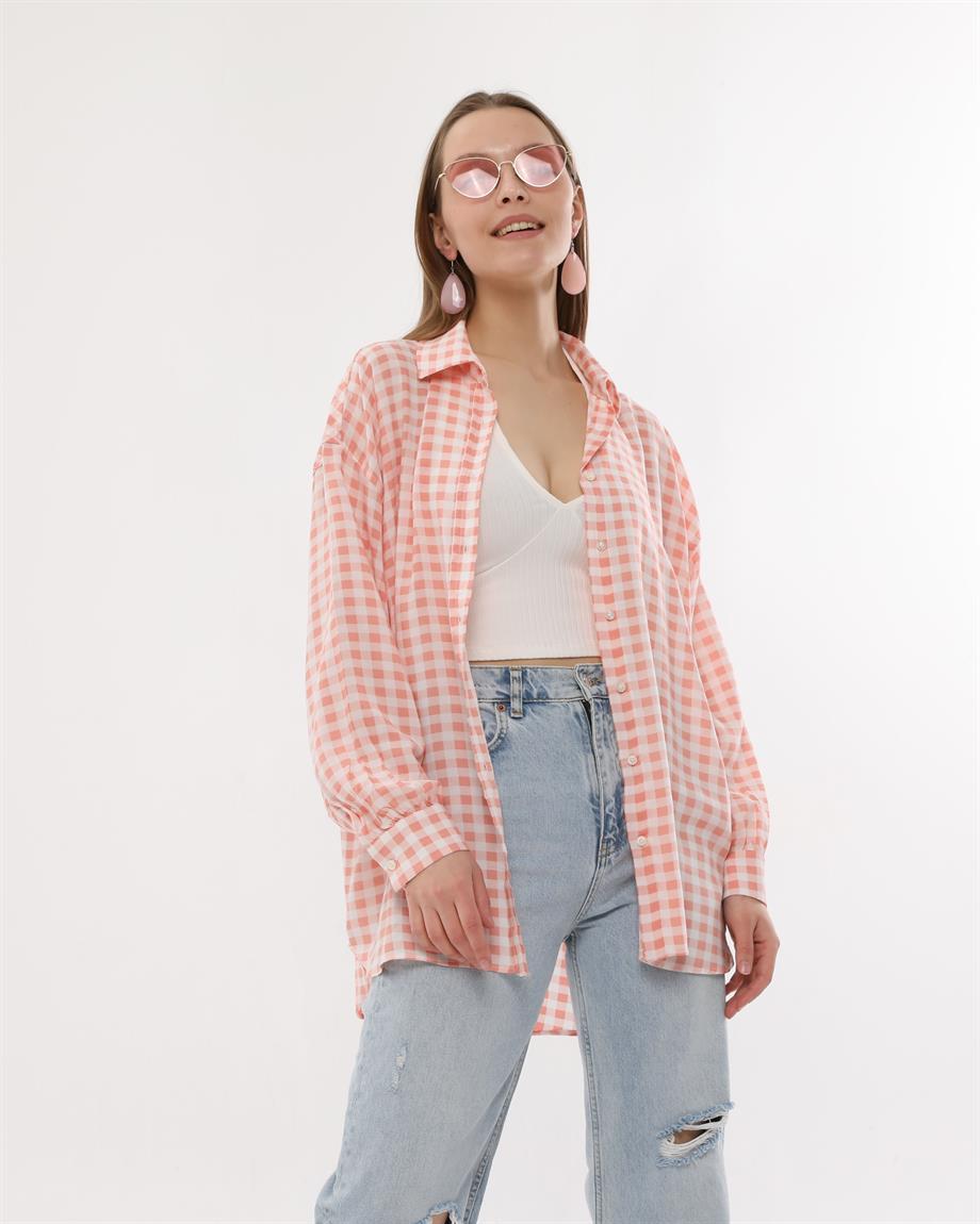 Toz Pembe Kareli Gömlek