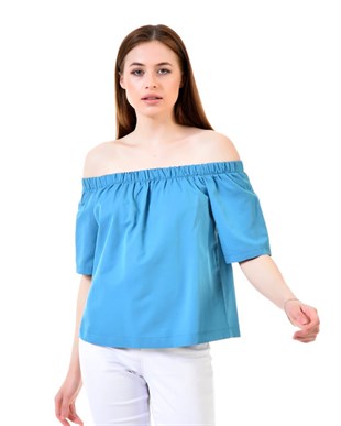 Kadın Mavi Renk Yakası Lastikli Bluz
