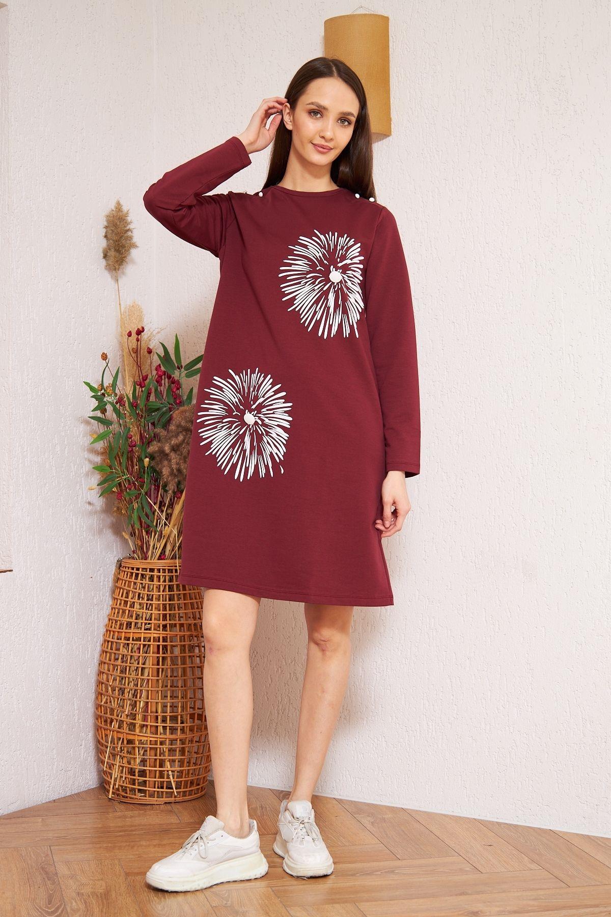 Kadın Bordo Baskılı Düğme Detaylı Tunik DM60346
