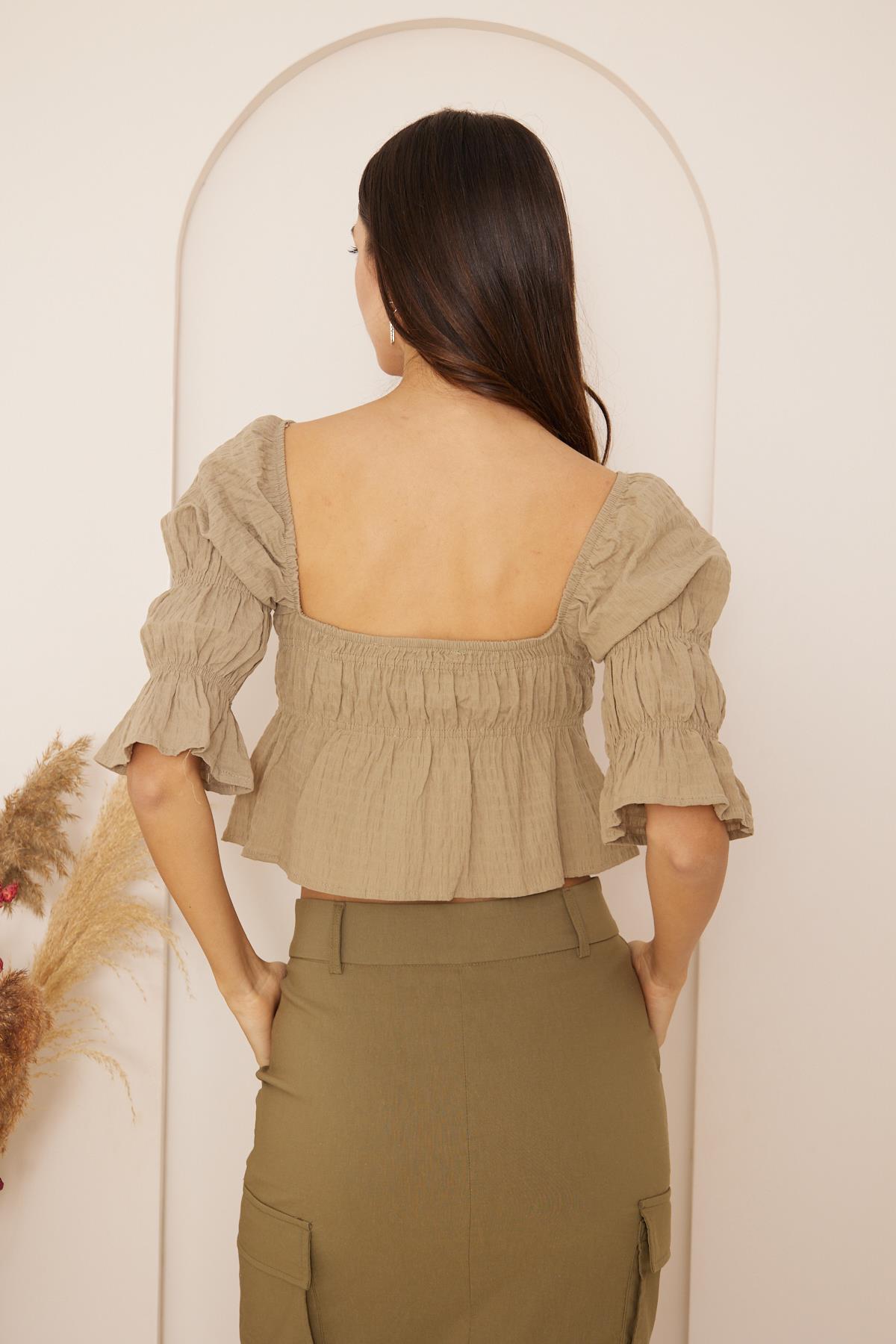 Kadın Haki Büzgülü Crop Bluz DM7001