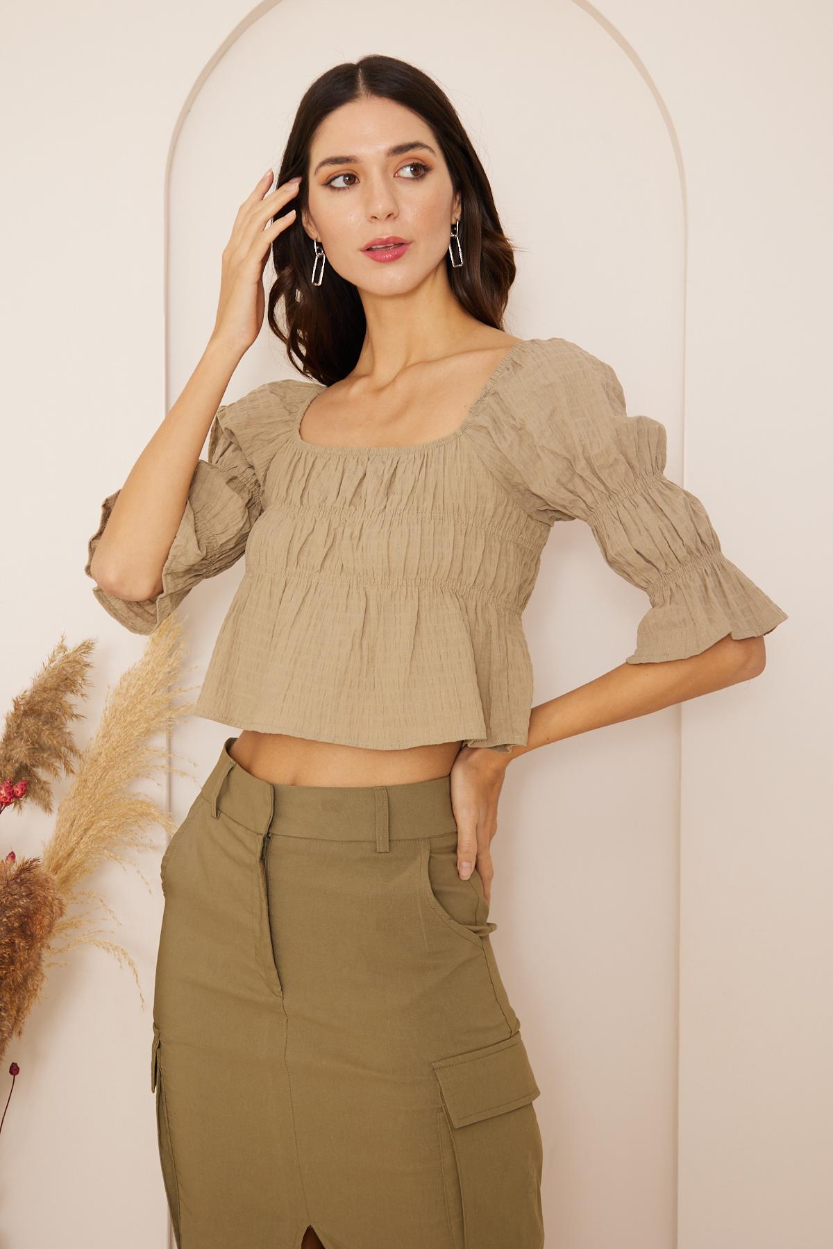 Kadın Haki Büzgülü Crop Bluz DM7001