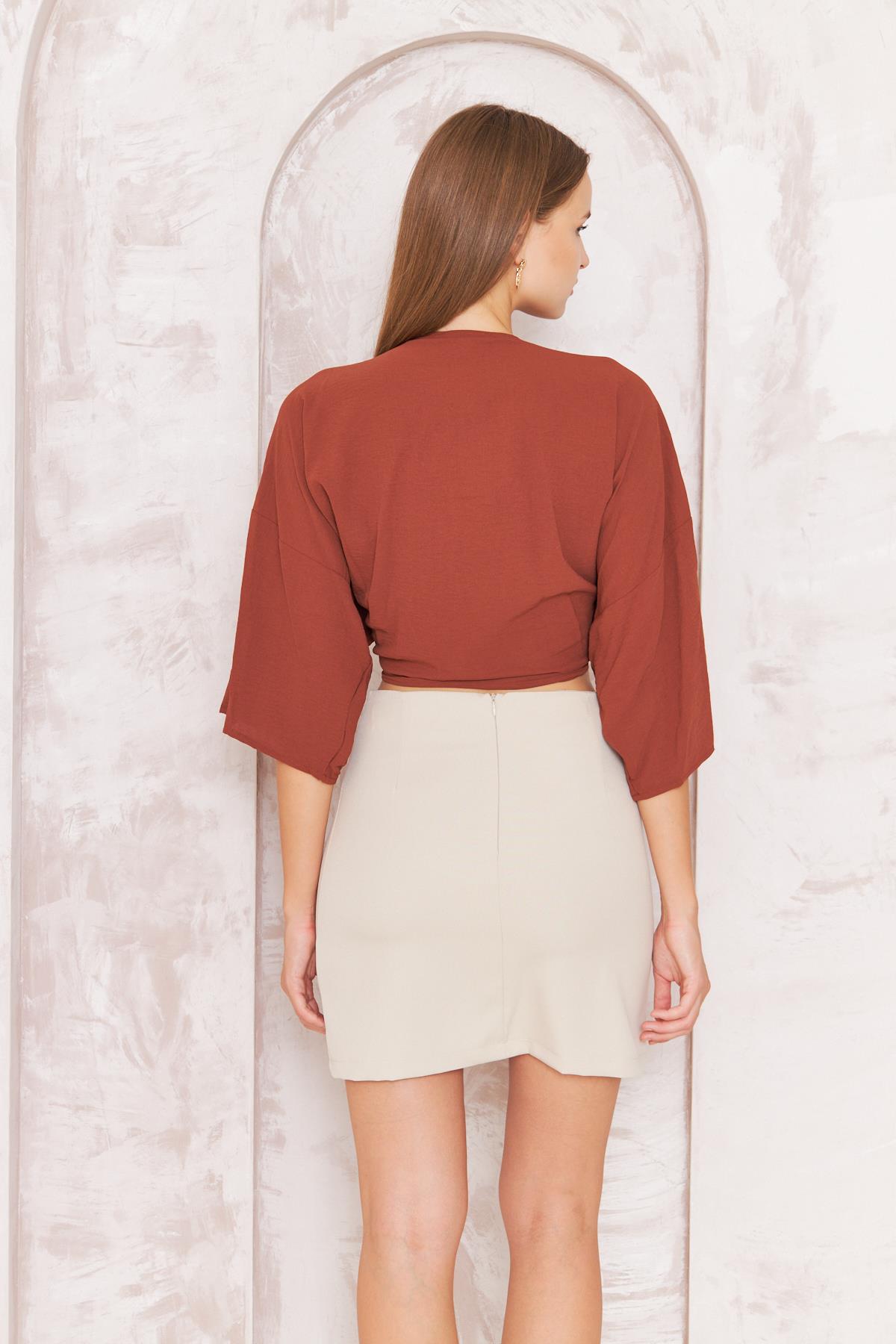 Kadın Kiremit Rengi Önden Bağlamalı Crop Kimono DM7004