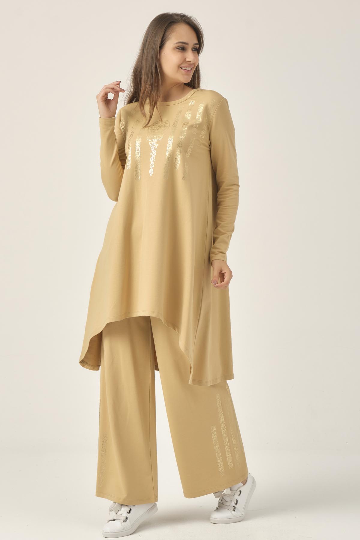 Kadın Kum Beji Baskılı Tunik Pantolon İkili Takım DM863
