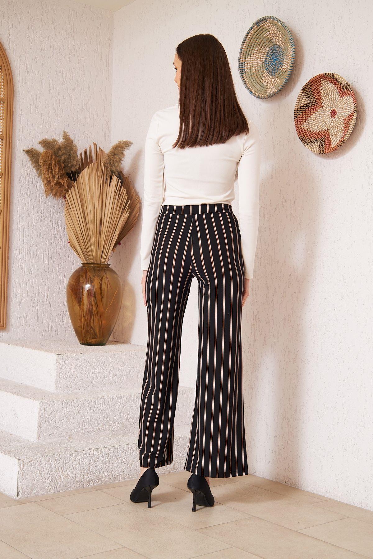 Kadın Siyah Çizgili Krep Pantolon DM48325