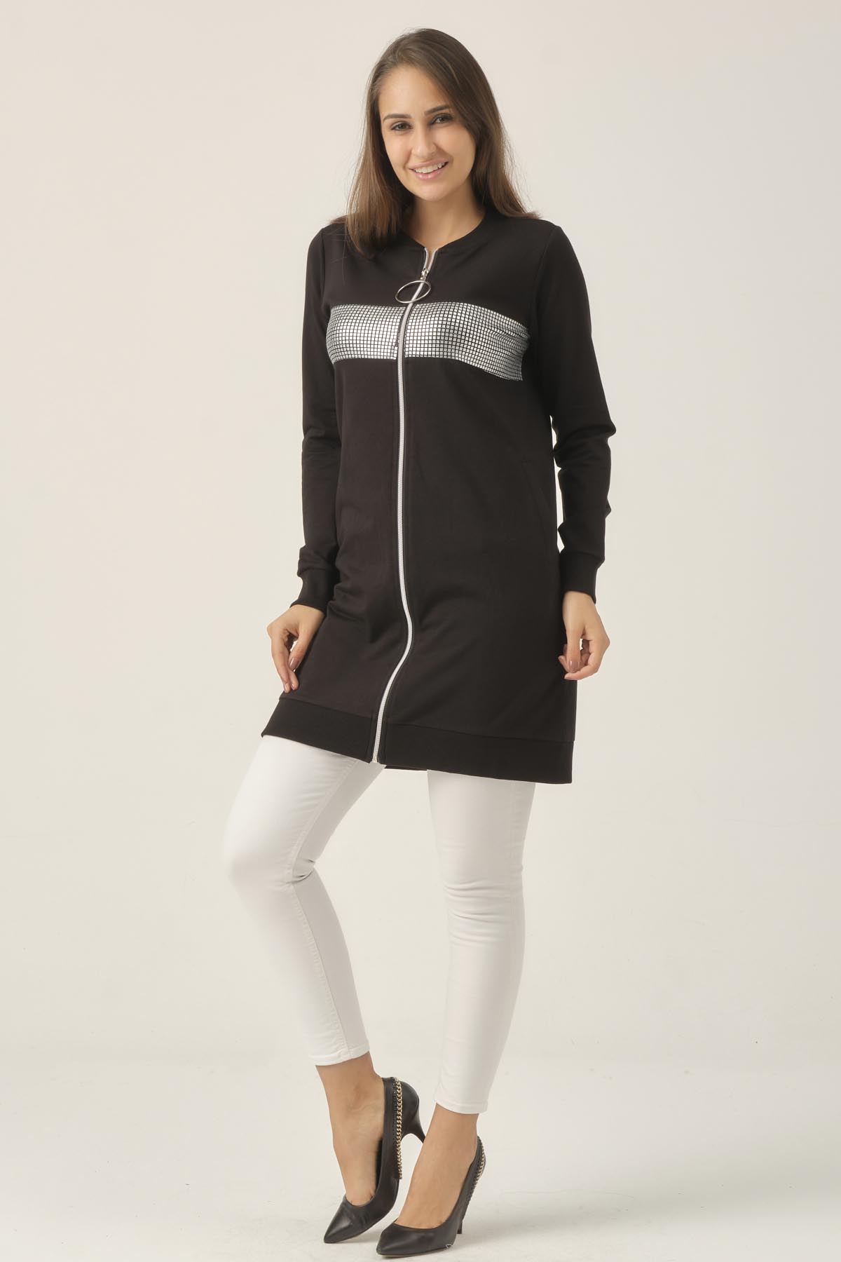 Kadın Siyah Fermuarlı Kadın Sweatshirt DM60199
