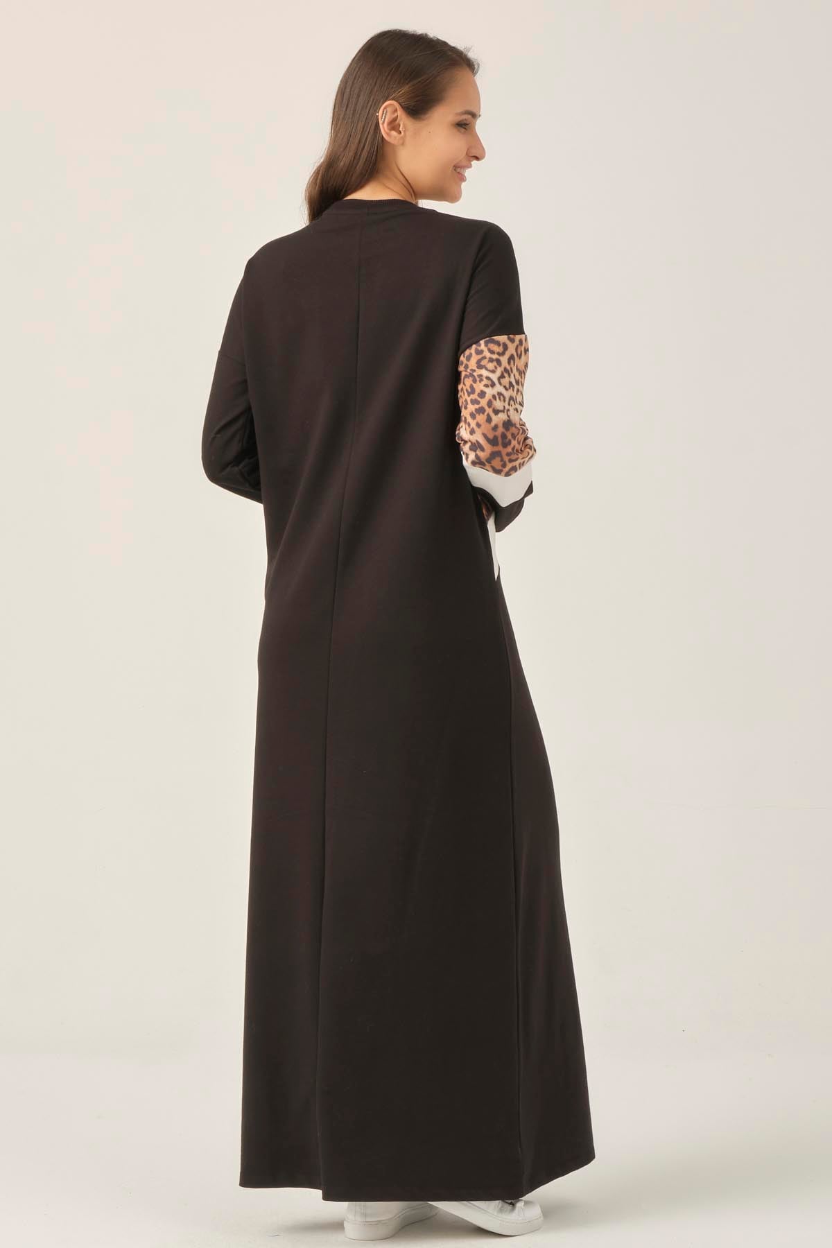 Siyah Leopar Detaylı Maxi Boy Elbise DM400