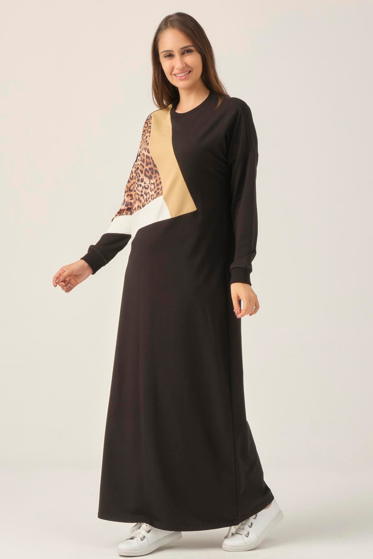Siyah Leopar Detaylı Maxi Boy Elbise DM400
