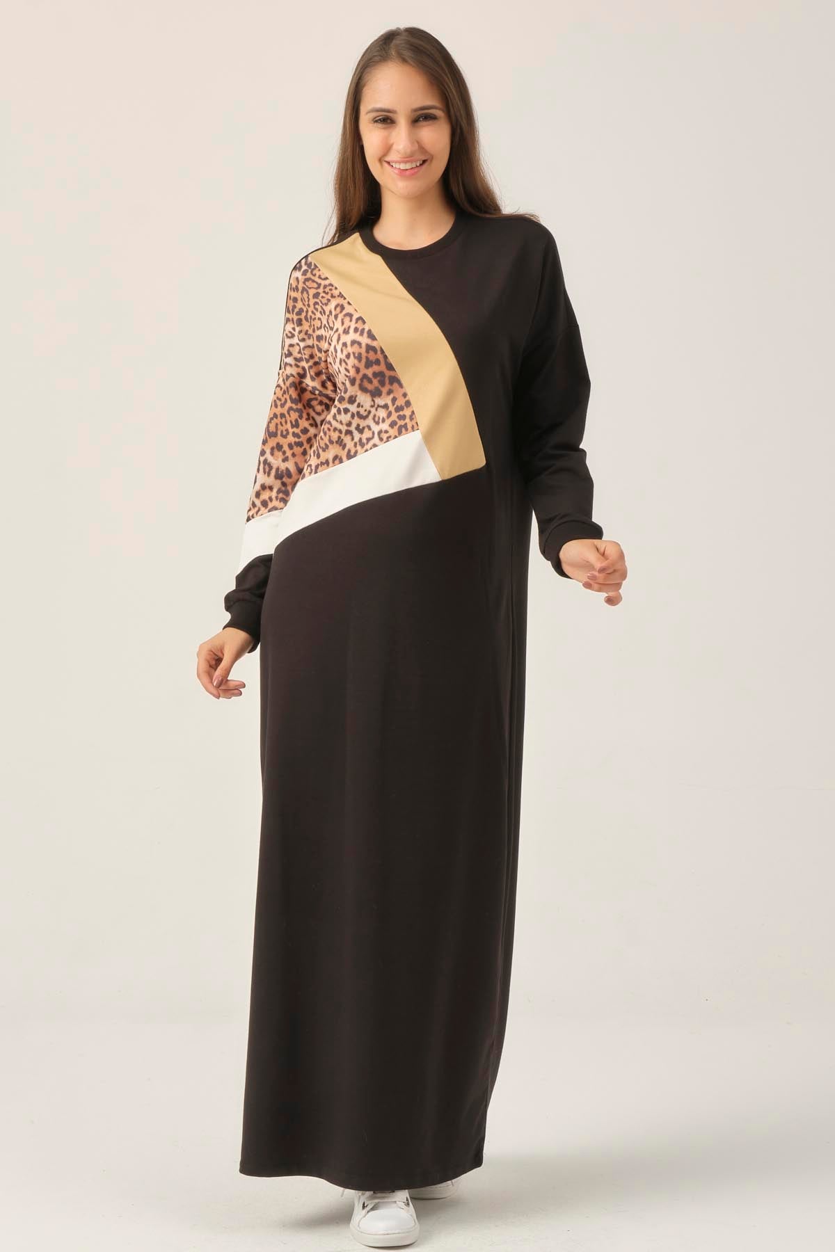 Siyah Leopar Detaylı Maxi Boy Elbise DM400
