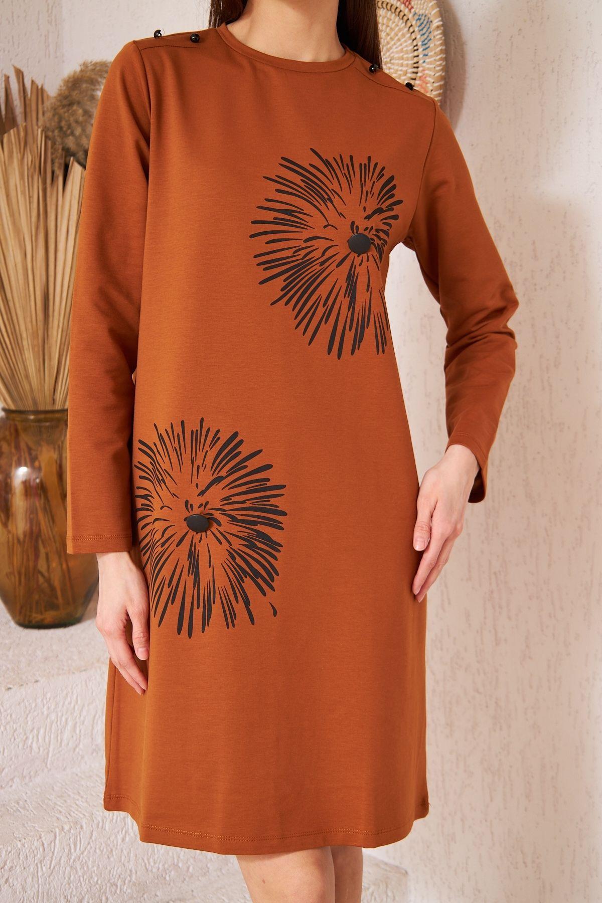 Kadın Taba Baskılı Düğme Detaylı Tunik DM60346