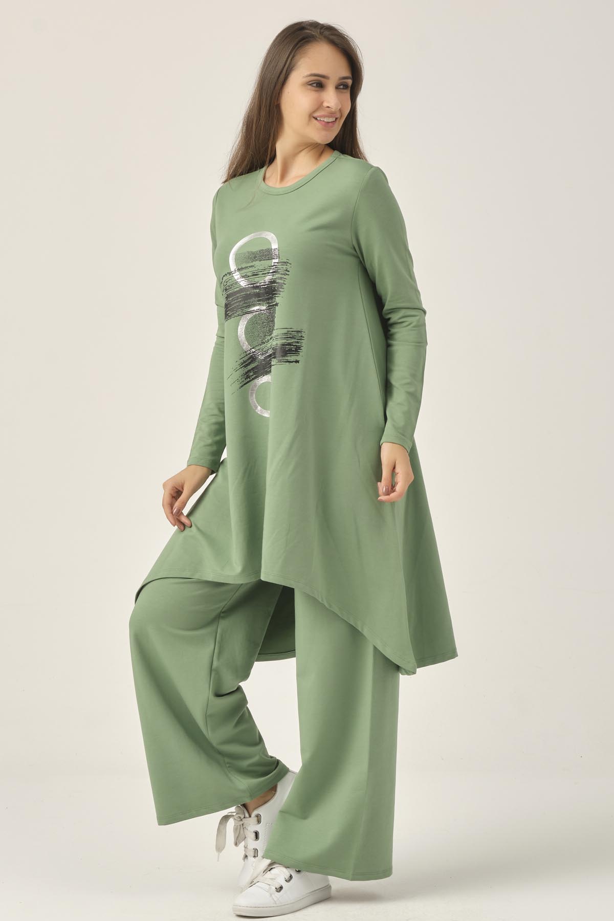 Kadın Yeşil Baskılı Tunik Pantolon İkili Takım DM51021