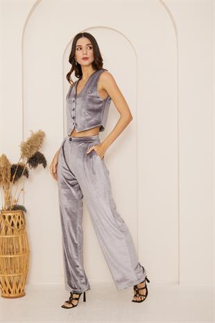 Kadın Antrasit Kadife Crop Yelek DM7005