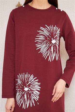 Kadın Bordo Baskılı Düğme Detaylı Tunik DM60346
