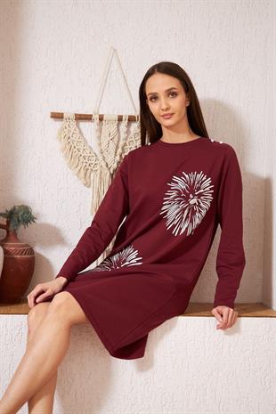 Kadın Bordo Baskılı Düğme Detaylı Tunik DM60346