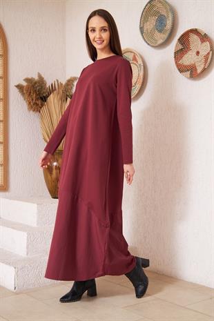 Kadın Bordo Uzun Kollu Eteği Poplin Detaylı Maxi Boy Elbise DM4640