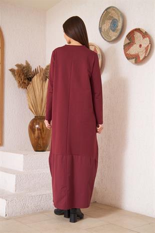 Kadın Bordo Uzun Kollu Eteği Poplin Detaylı Maxi Boy Elbise DM4640
