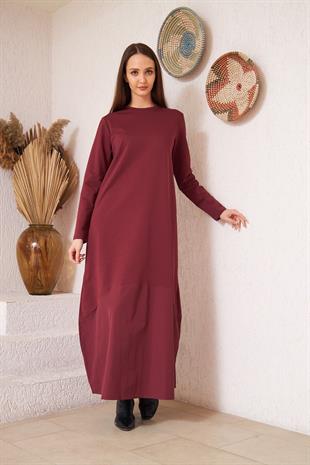 Kadın Bordo Uzun Kollu Eteği Poplin Detaylı Maxi Boy Elbise DM4640