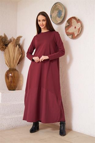 Kadın Bordo Uzun Kollu Eteği Poplin Detaylı Maxi Boy Elbise DM4640