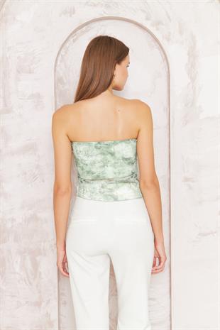 Kadın Yeşil Desenli Astarlı Tül Straplez Bluz DM7006 