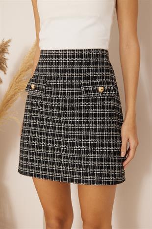 Kadın Siyah Düğme Detaylı Tweed Mini Etek DM2013