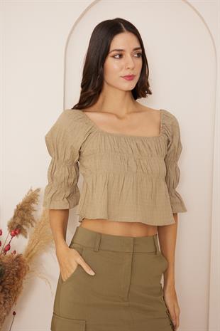 Kadın Haki Büzgülü Crop Bluz DM7001