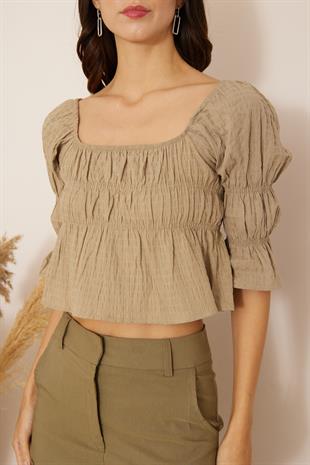 Kadın Haki Büzgülü Crop Bluz DM7001