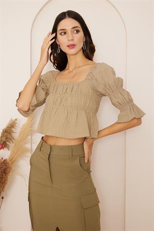 Kadın Haki Büzgülü Crop Bluz DM7001