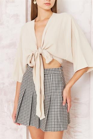 Kadın Bej Önden Bağlamalı Crop Kimono DM7004
