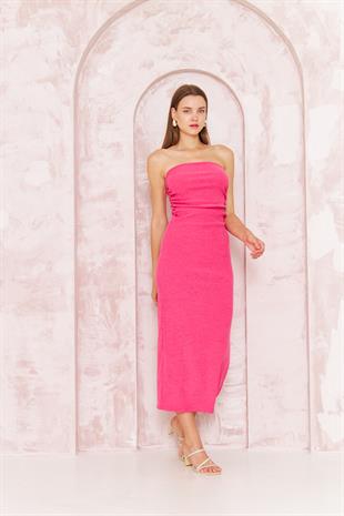 Kadın Bodycon Straplez Bürümcük Midi Elbise 