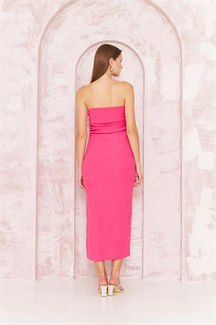Kadın Bodycon Straplez Bürümcük Midi Elbise 