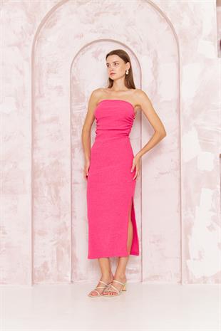 Kadın Bodycon Straplez Bürümcük Midi Elbise 