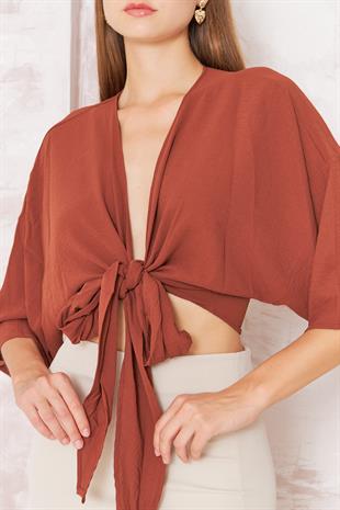 Kadın Kiremit Rengi Önden Bağlamalı Crop Kimono DM7004