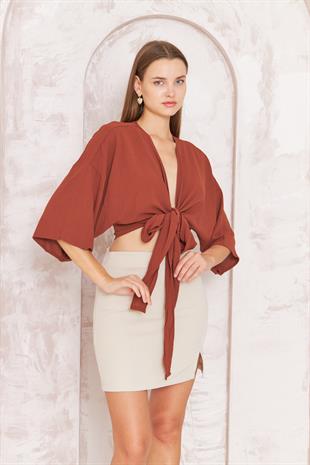 Kadın Kiremit Rengi Önden Bağlamalı Crop Kimono DM7004