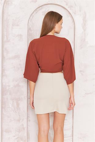 Kadın Kiremit Rengi Önden Bağlamalı Crop Kimono DM7004