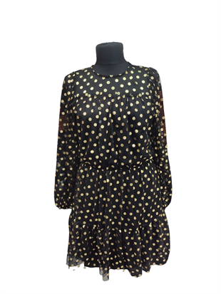Kadın Siyah Gold Puantiyeli Uzun Kollu Mini Elbise DM80148