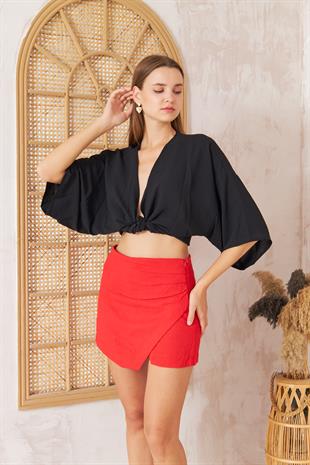 Kadın Siyah Önden Bağlamalı Crop Kimono DM7004