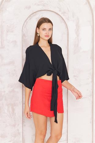 Kadın Siyah Önden Bağlamalı Crop Kimono DM7004