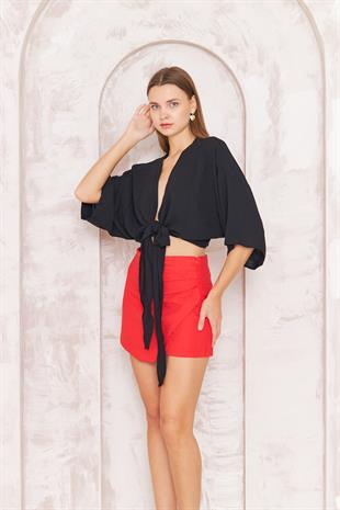 Kadın Siyah Önden Bağlamalı Crop Kimono DM7004