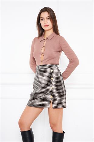 Kadın Kahverengi Düğme Detaylı Tweed Mini Etek DM 2002