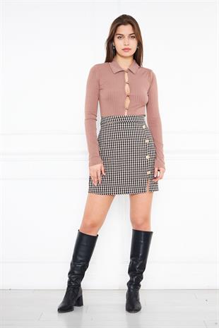 Kadın Kahverengi Düğme Detaylı Tweed Mini Etek DM 2002