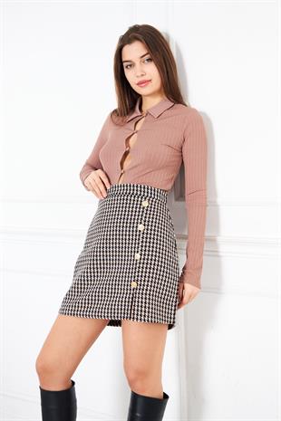 Kahverengi Düğme Detaylı Tweed Mini Etek DM 2002