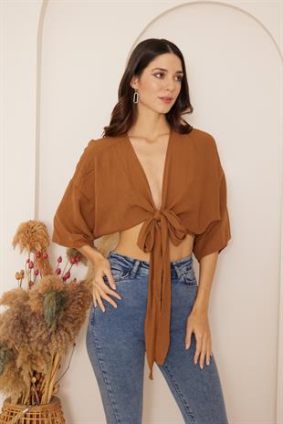 Kadın Kahverengi Önden Bağlamalı Crop Kimono DM7004